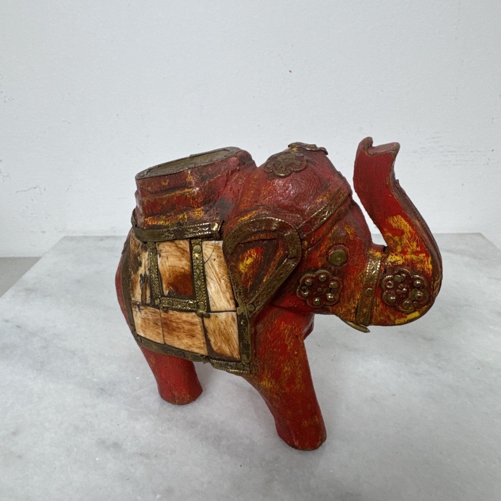 Vintage Beautiful Wood Elephant Nicely Decorated w/ Tiles & Brass